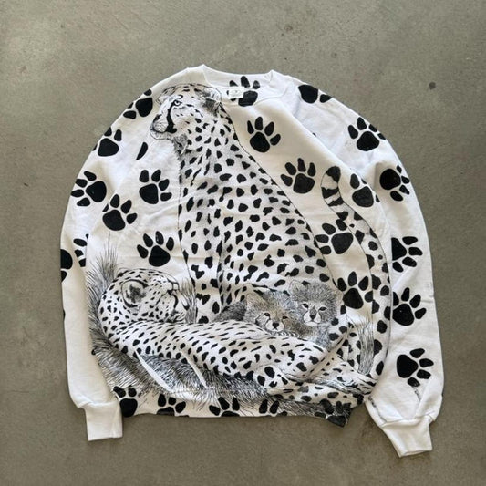 Vintage 90s Cheetah Animal All Over Print Nature Crewneck - Large