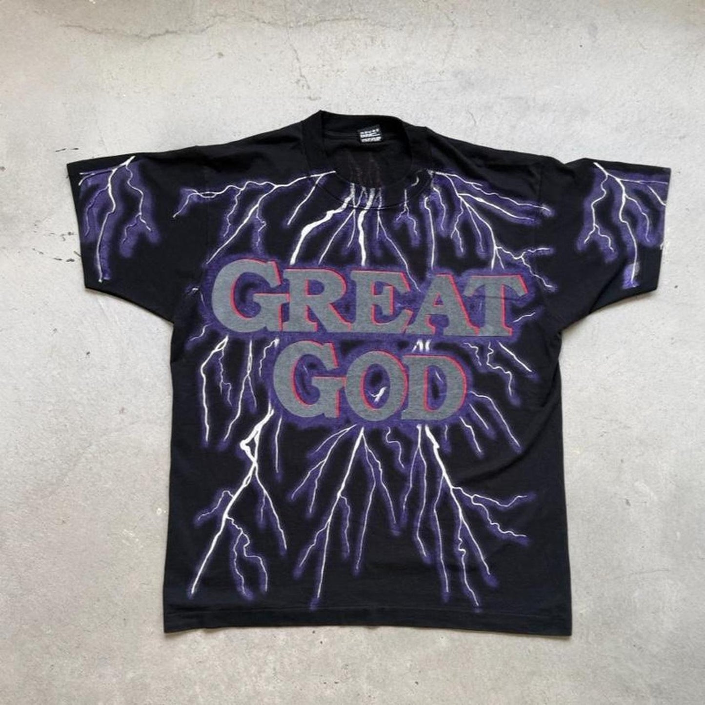Vintage 90s Great God Lightning AOP Jesus T-Shirt - Large