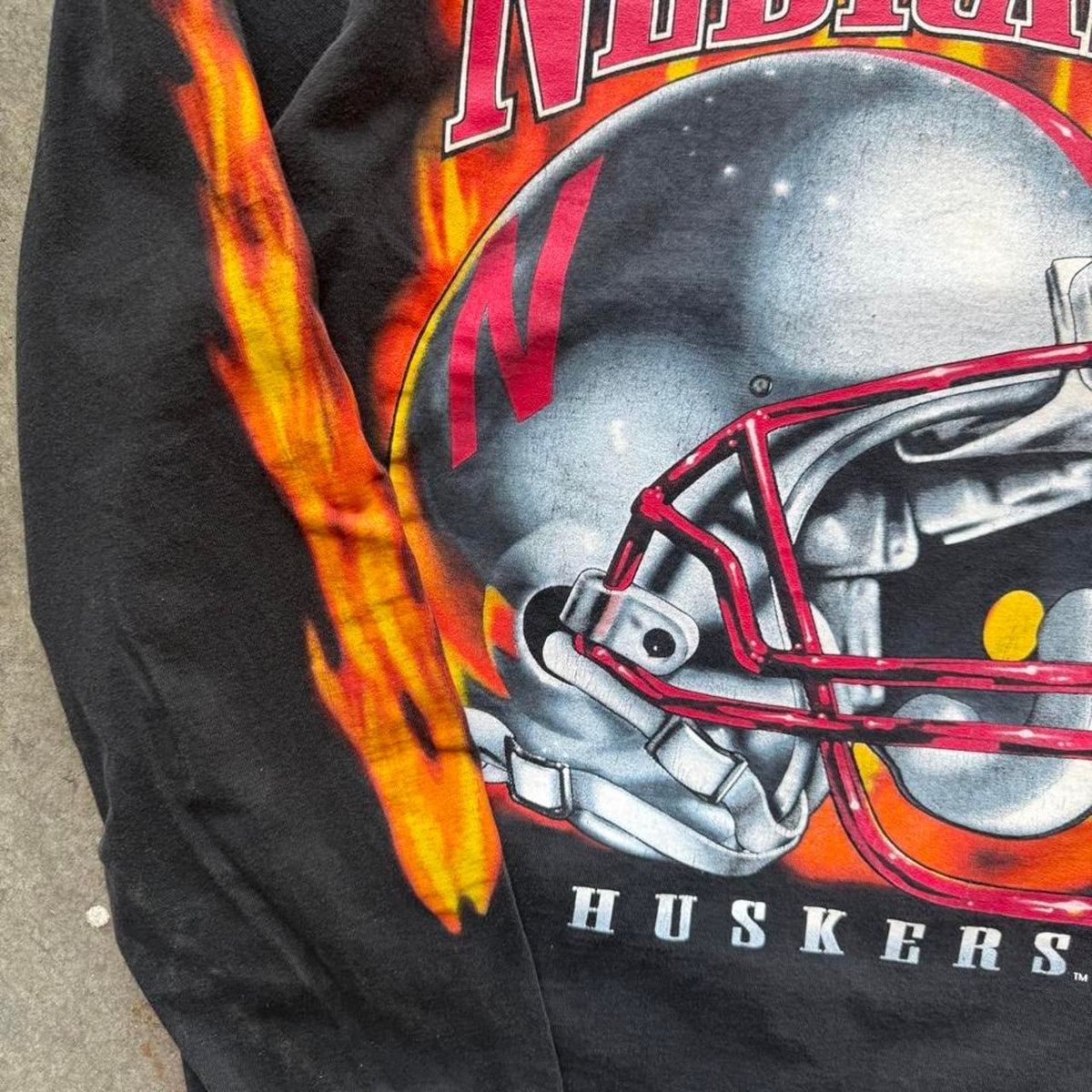 Vintage 90s Nebraska Huskers Flame Sleeve T-Shirt - Large