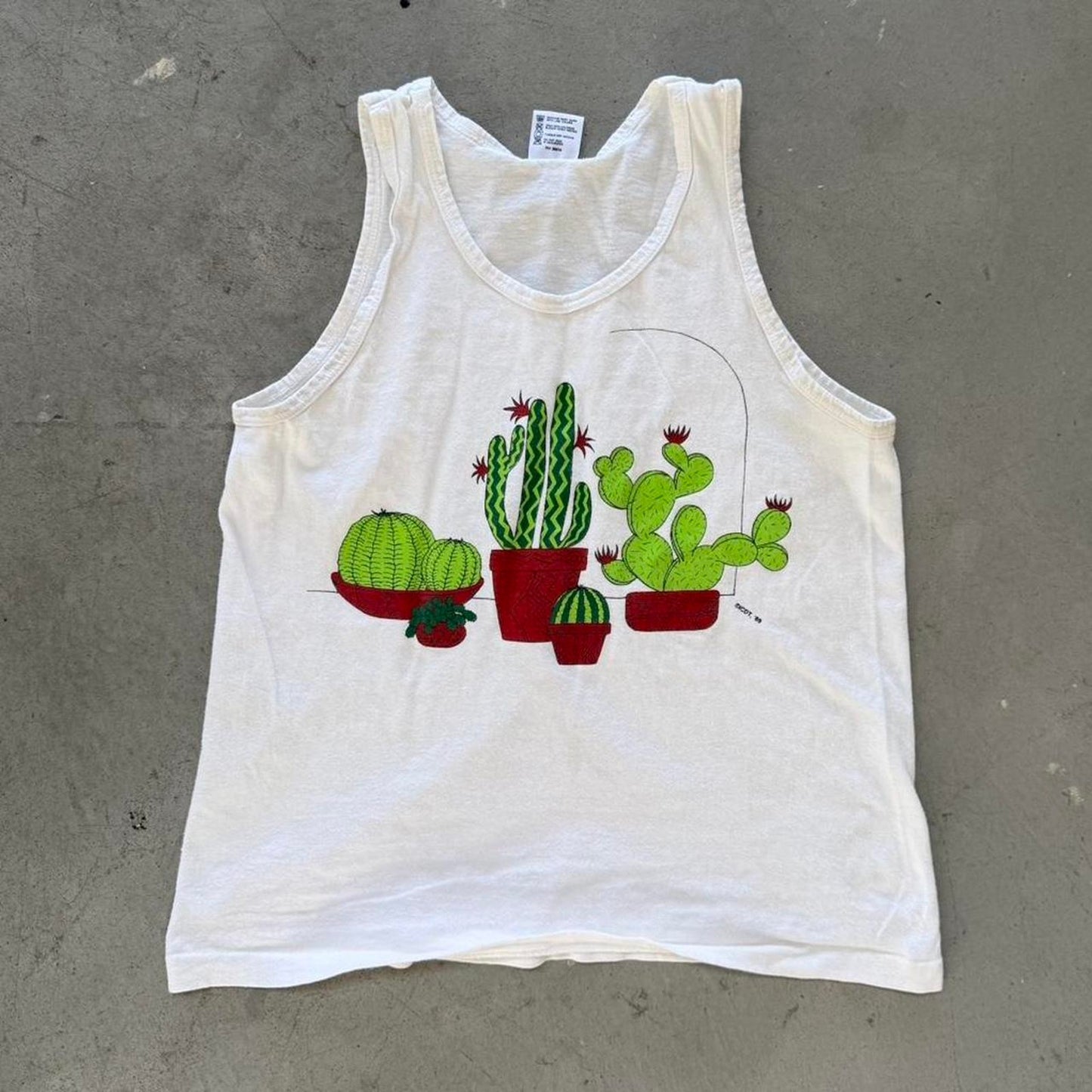 Vintage 80s Cactus Plant Art Style Tank Top - Kids X-Large