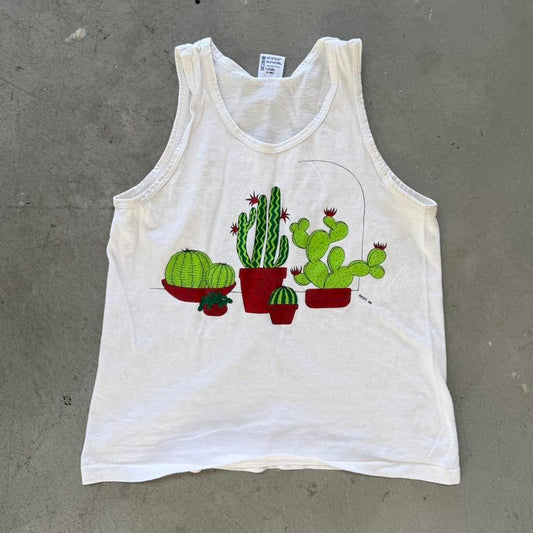 Vintage 80s Cactus Plant Art Style Tank Top - Kids X-Large