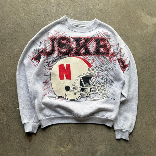 Vintage 90s Nebraska Huskers Spell Out Helmet Crewneck - Medium