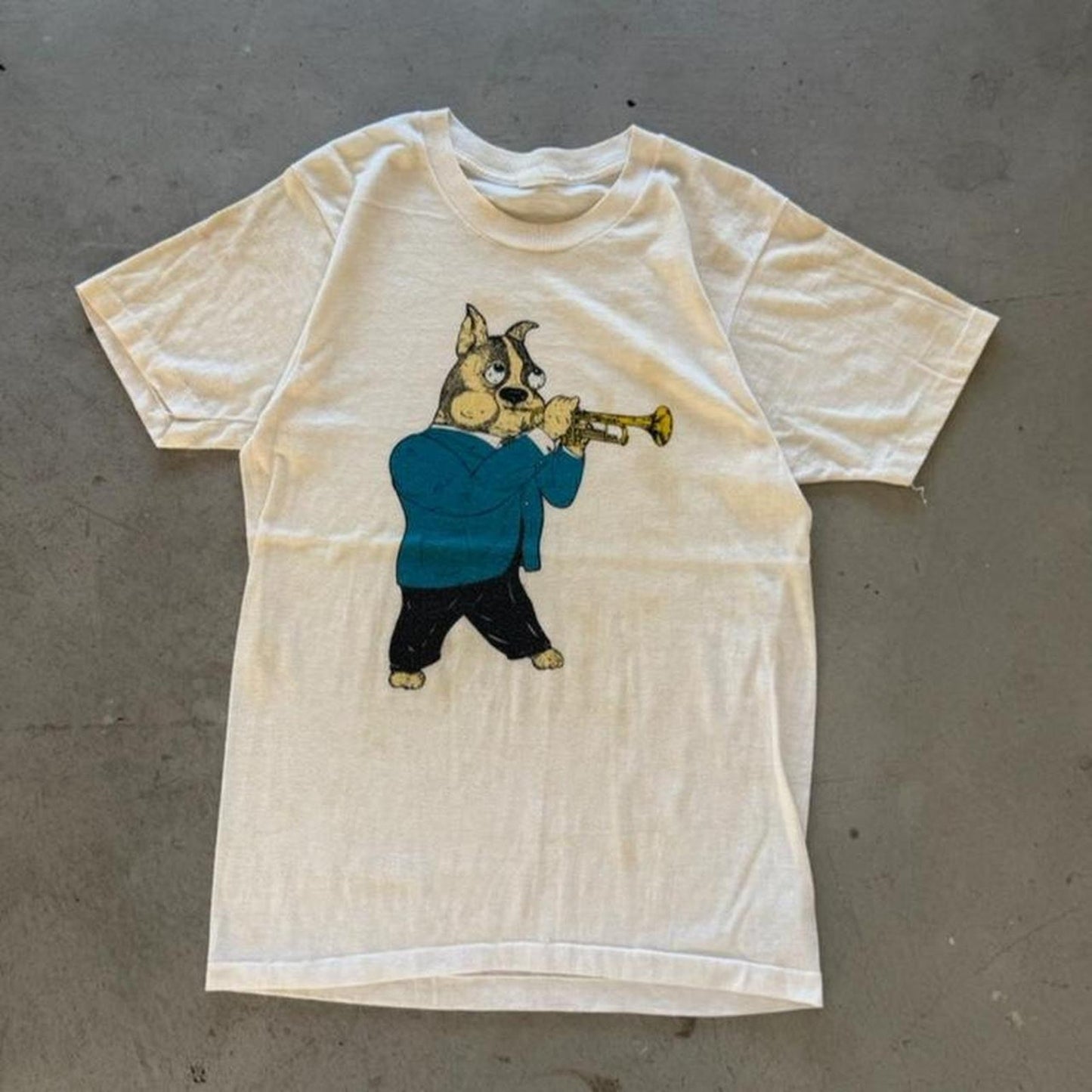 Vintage 80s Pug Trumpet Dog Cartoon T-Shirt - Medium