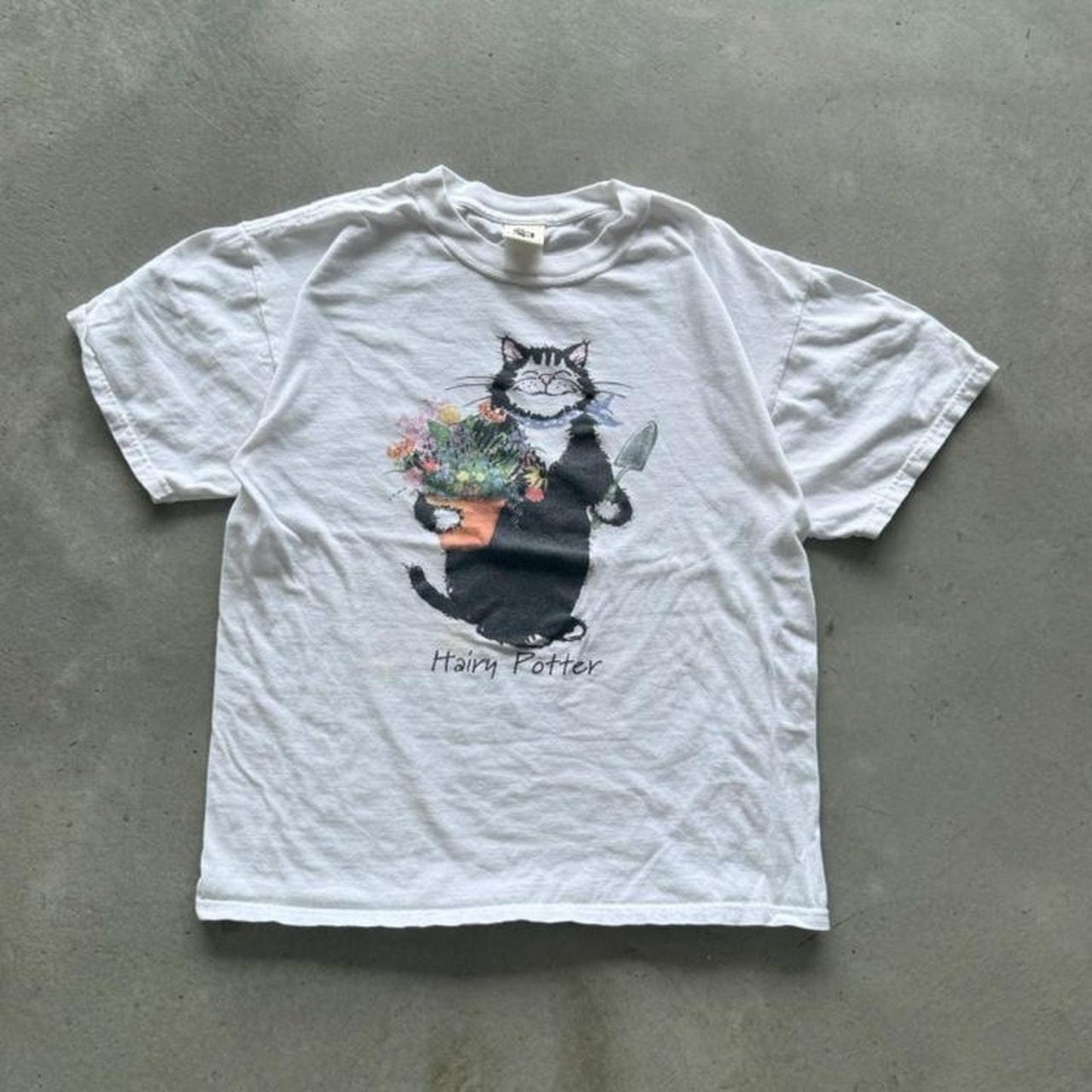 Vintage 90s Hairy Potter Cat Flower Humor Animal T-Shirt - X-Large
