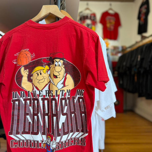 Vintage 90s Nebraska Husker Flintstones Basketball Cartoon T-Shirt