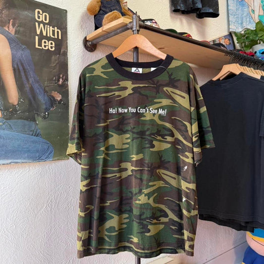 Vintage Y2K Now You Can’t See Me Camo Ringer Text T-Shirt - X-Large