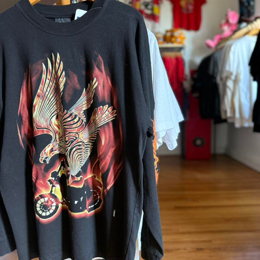 Vintage 90s Fire Sleeve Flame Eagle Biker Motorcycle T-Shirt