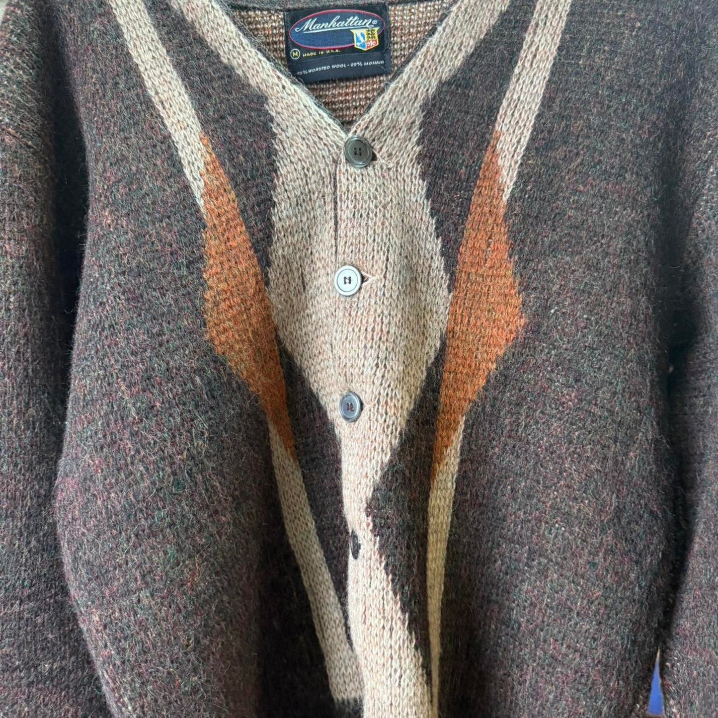Vintage 1960s Mohair Manhattan Patterned Cardigan - Medium