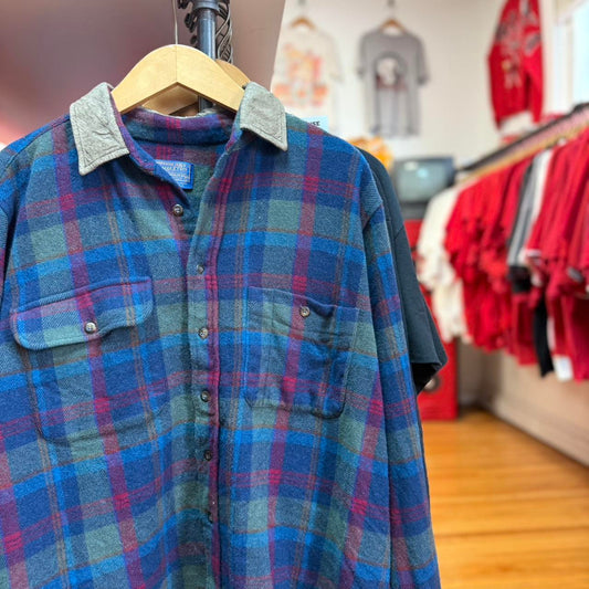 Vintage 90s Pendleton Plaid Wool Suede Collar Shirt - Large