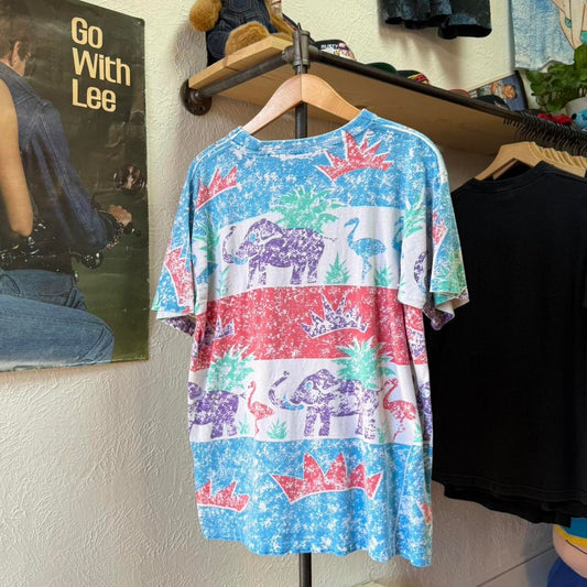 Vintage 90s Elephant Flamingo Animal AOP T-Shirt - Large