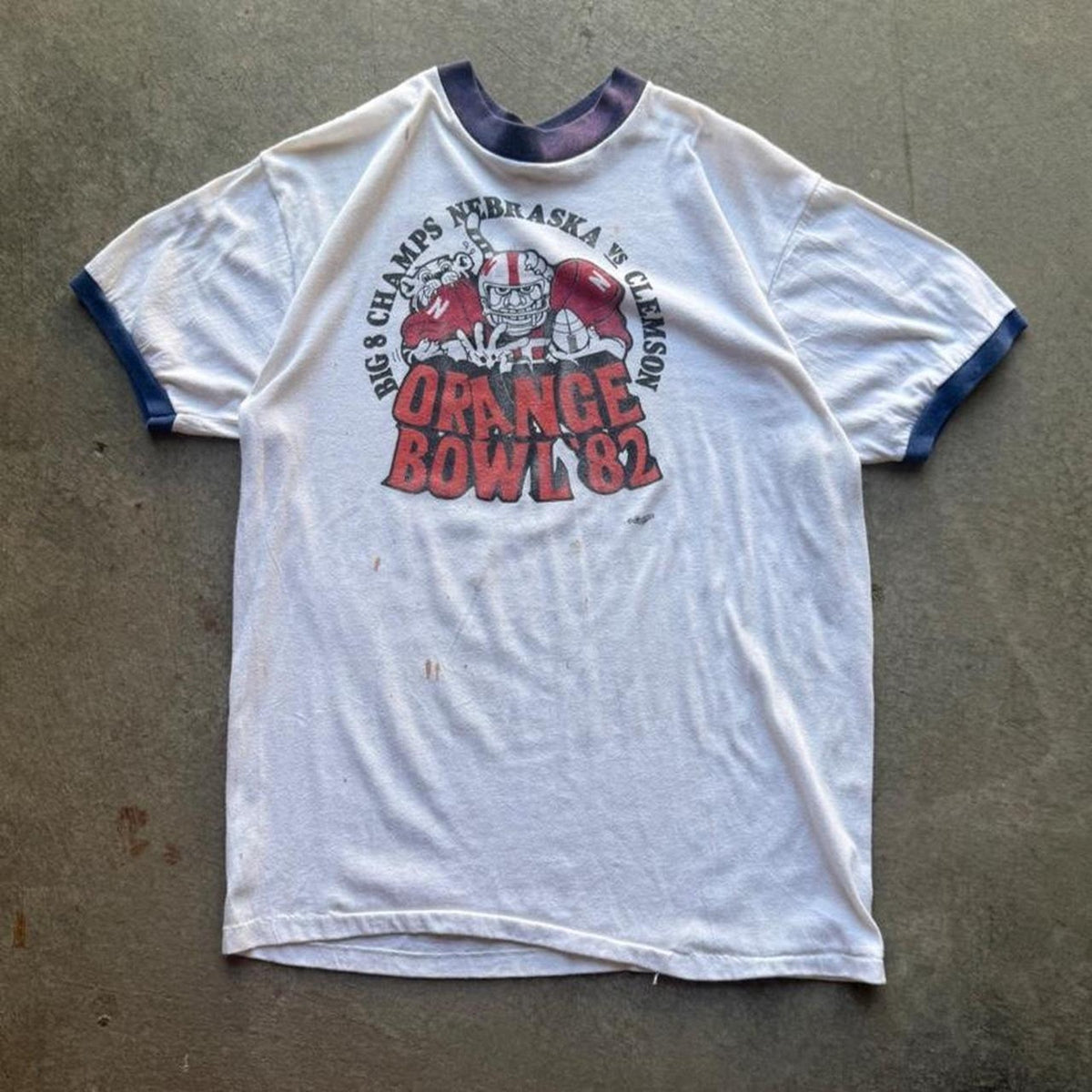 Vintage 1982 Nebraska Huskers Vs Clemson Champs Ringer T-Shirt - Large