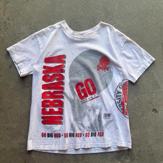 Vintage 90s Nebraska Huskers Basketball All Over Print T-Shirt - Large