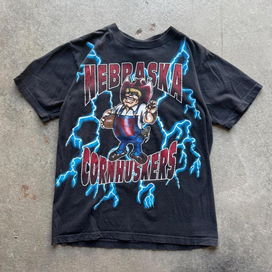 Vintage 90s Nebraska Cornhuskers American Thunder Lightning T-Shirt - Large