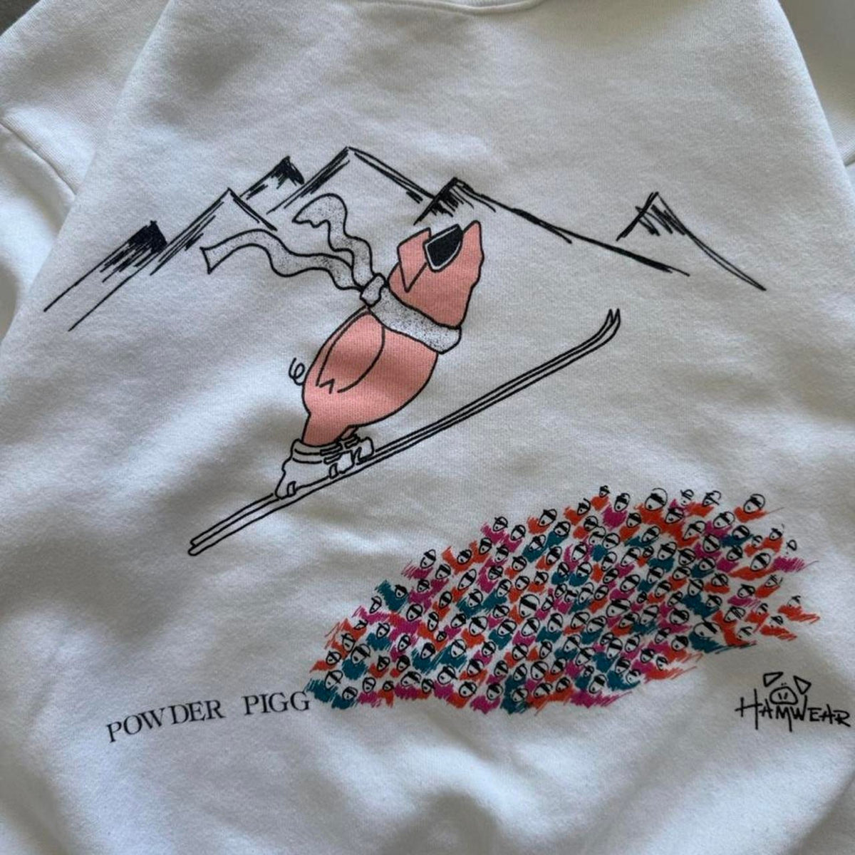 Vintage 90s Skiing Pig Animal Cartoon Crewneck - Large