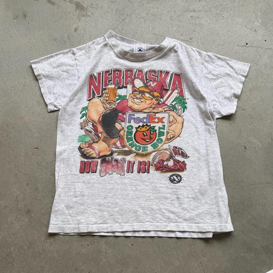 Vintage 90s Nebraska Husker Herbie Beach Orange Bowl T-Shirt - Kids Large