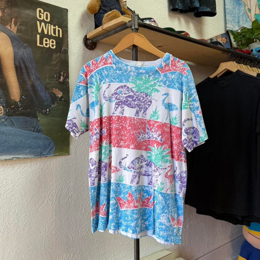 Vintage 90s Elephant Flamingo Animal AOP T-Shirt - Large