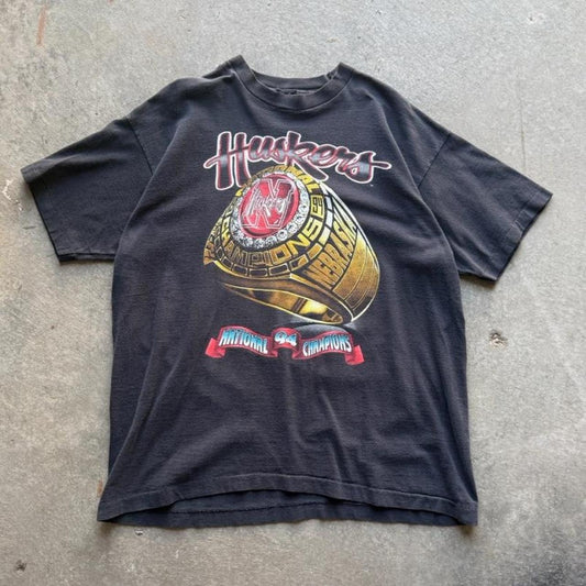Vintage 90s Nebraska Huskers National Champions Ring T-Shirt - Large