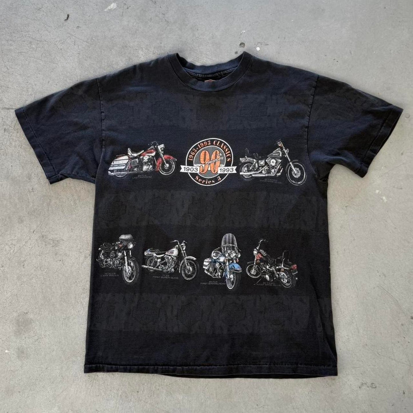 Vintage 90s Harley Davidson Motorcycles All Over Print Biker T-Shirt - Large
