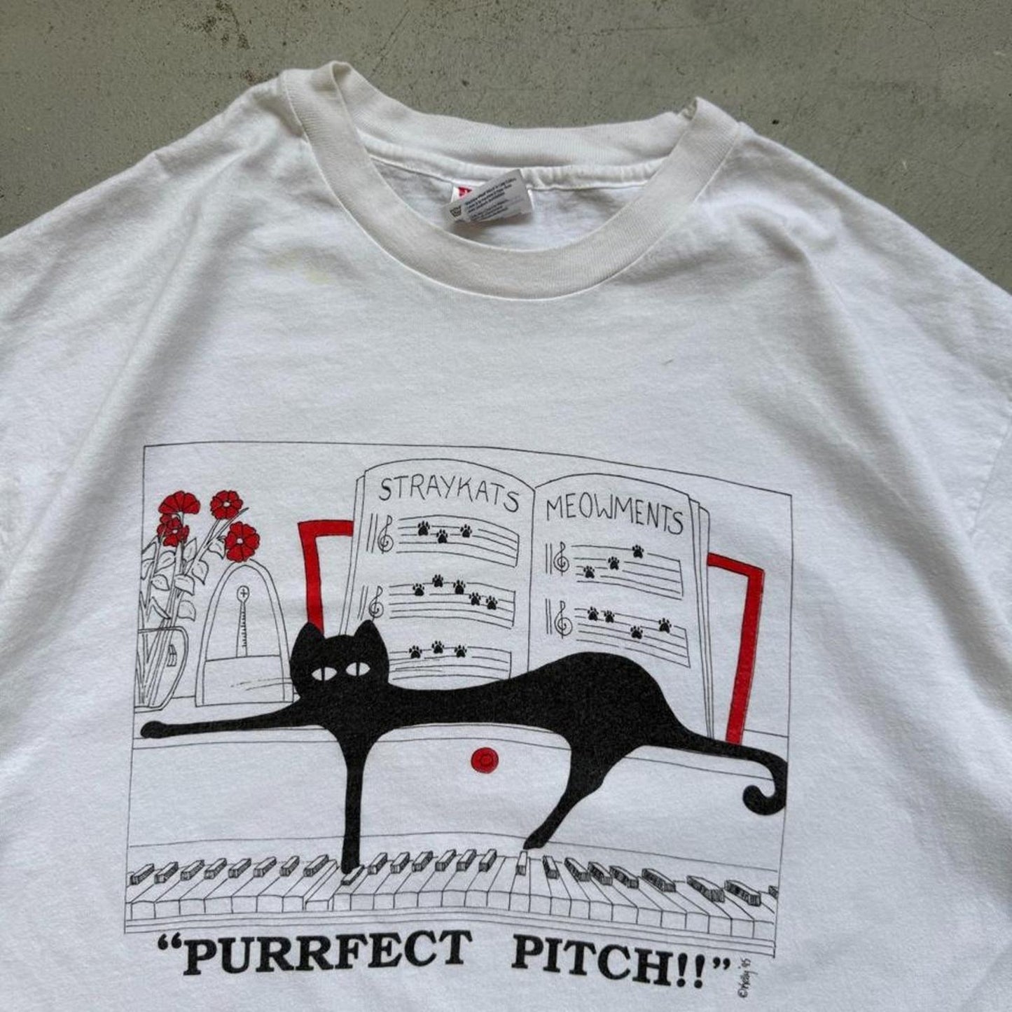 Vintage 90s Purrfect Pitch Cat Cartoon Humor T-Shirt - X-Large