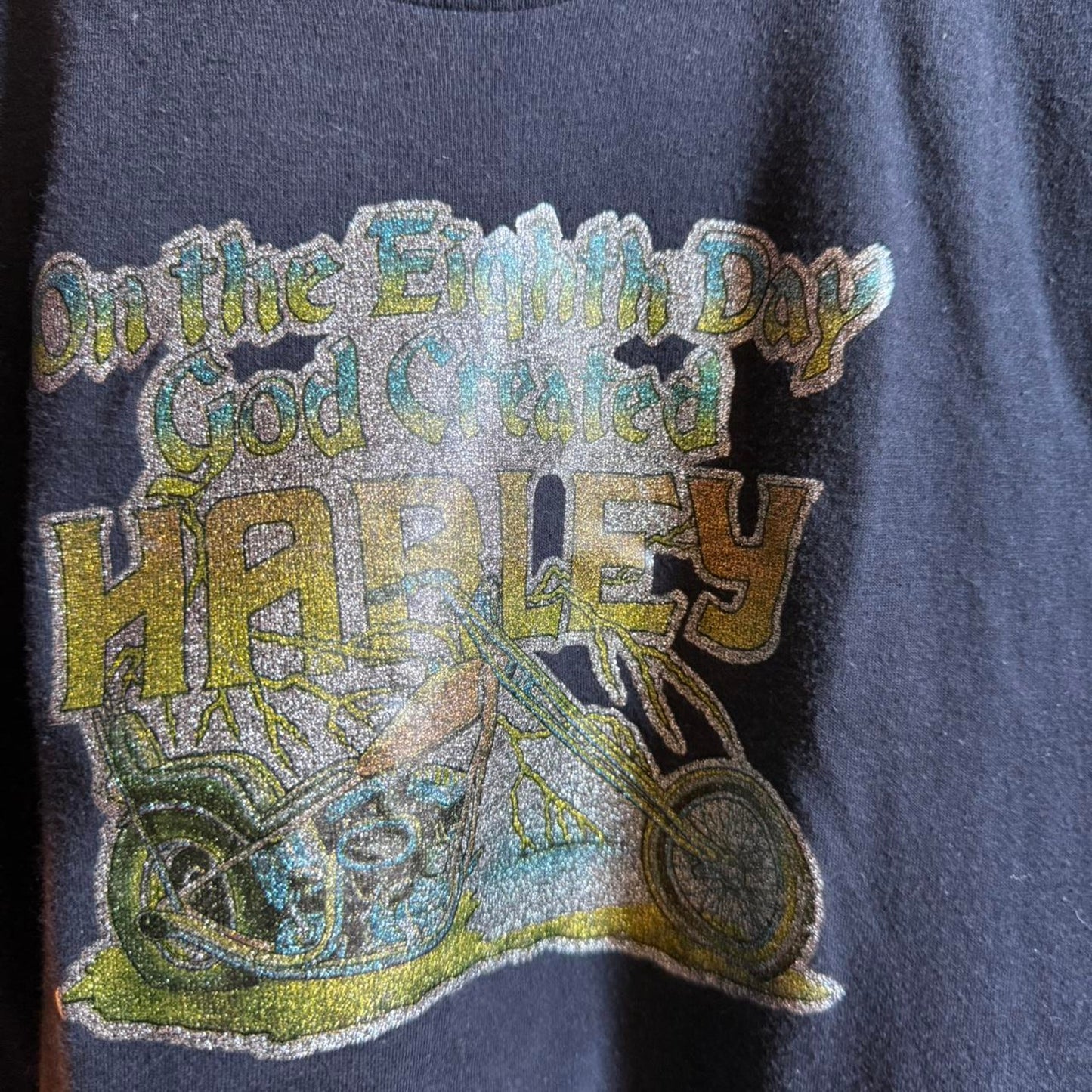 Vintage 1970s Harley Davidson Motorcycles Glitter Print Iron On T-Shirt