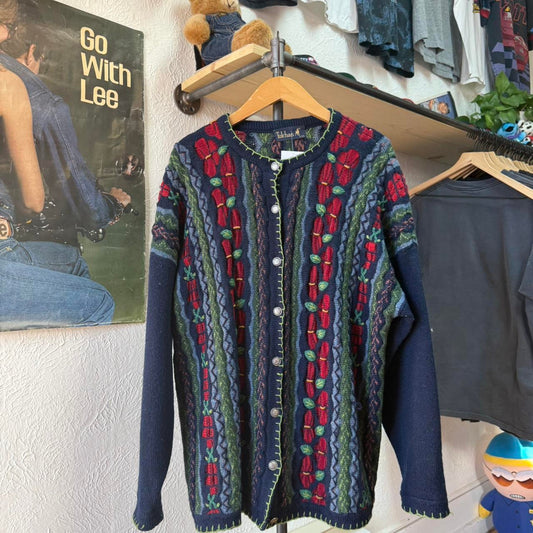 Vintage 90s 3D Knit Cardigan Sweater - Large