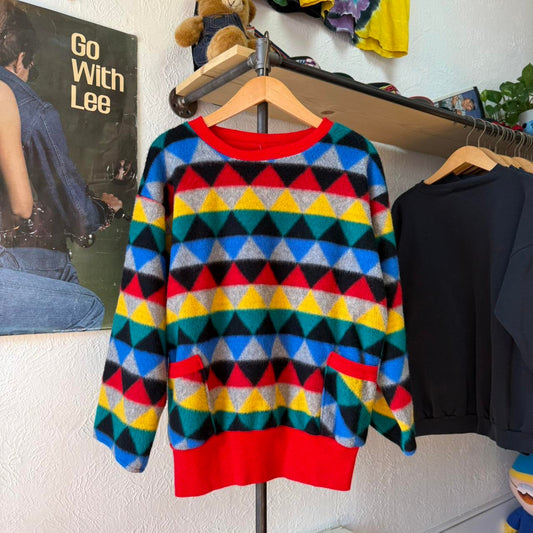 Vintage 70s Triangle Patterned Color Striping Pocketed Crewneck - Medium