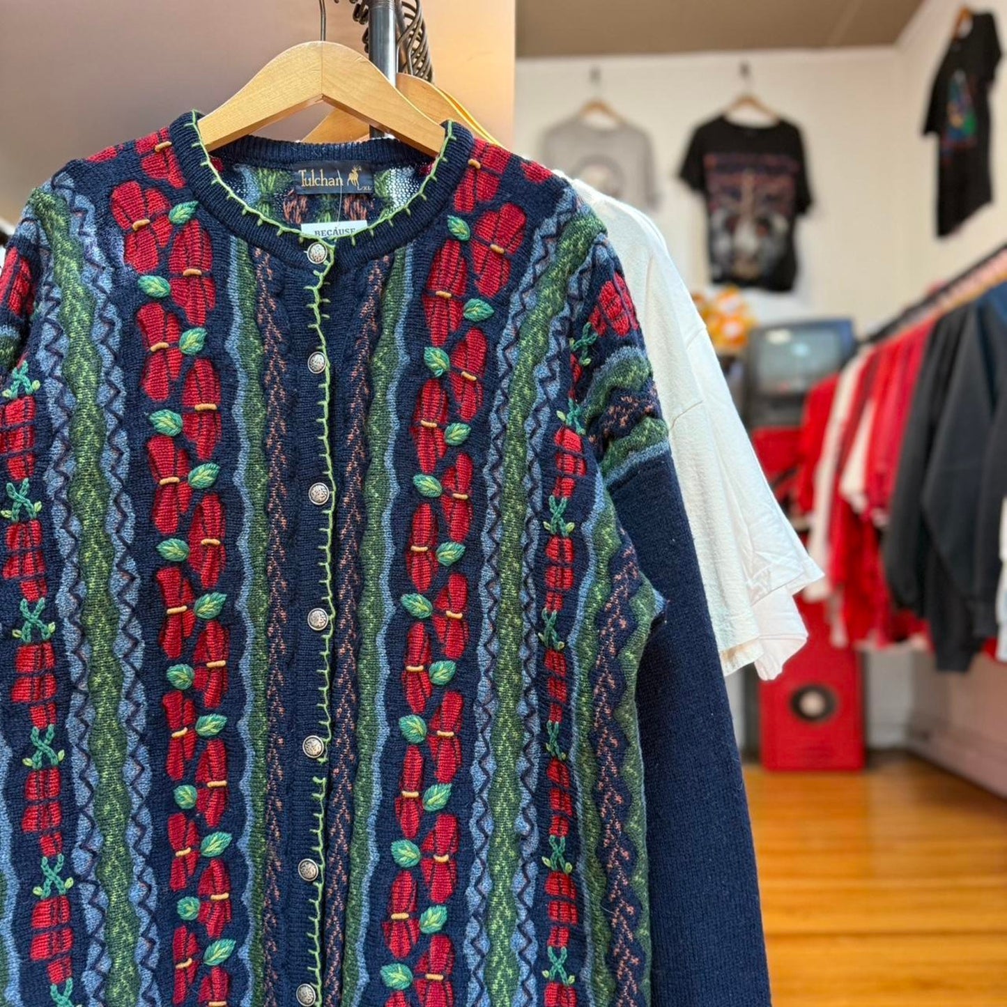 Vintage 90s Leaf Nature Knitted Cardigan Sweater - Medium