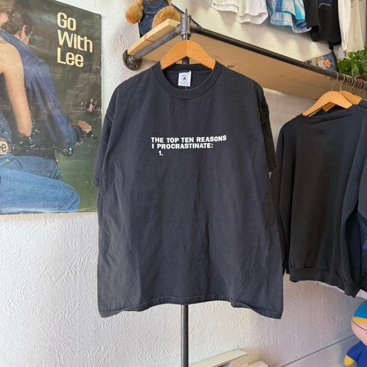 Vintage Top Ten Reasons I Procrastinate Text Humor T-Shirt - Large