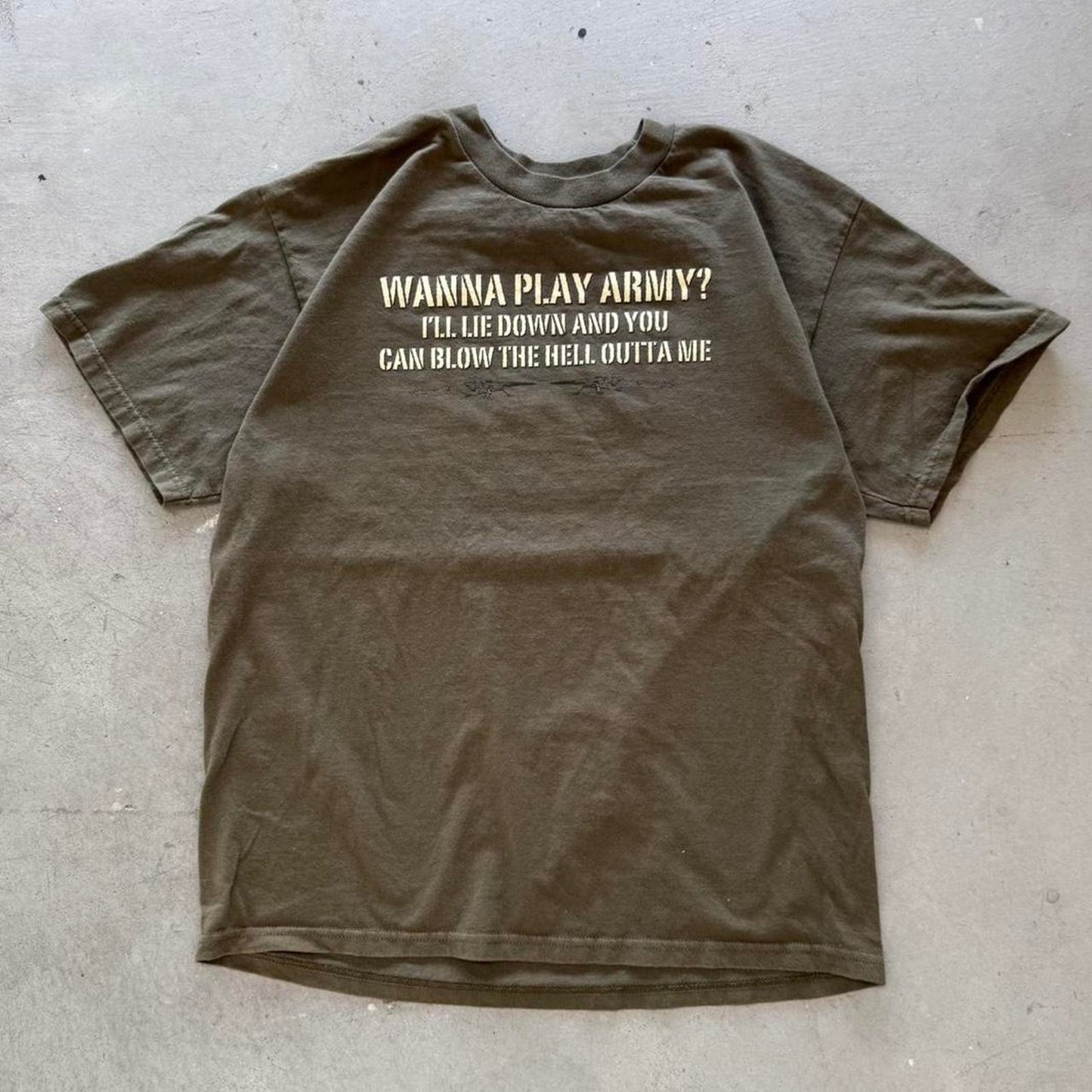 Vintage Wanna Play Army Blow Me Text T-Shirt - Large