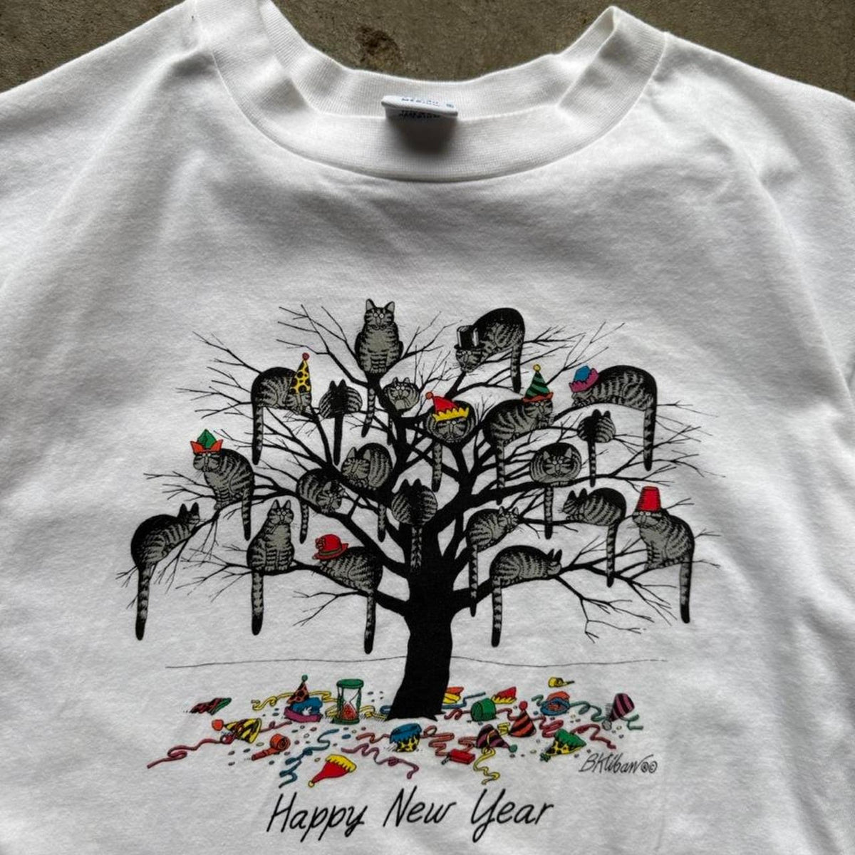 Vintage 90s B Kliban Happy New Year Crazy Shirts Cat T-Shirt - Medium